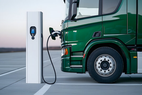 Electric Truck Charging at a Charging Station – Representing Sustainable Transportation, Green Energy, and the Future of Eco-Friendly Logistics