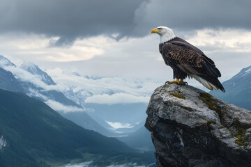 Fototapeta premium Bald Eagle Perched on a Rock Overlooking Mountain Landscape