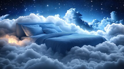 Dreamy bed surrounded by clouds under a starry night sky