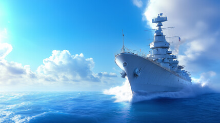Battleship sailing through calm blue ocean waters