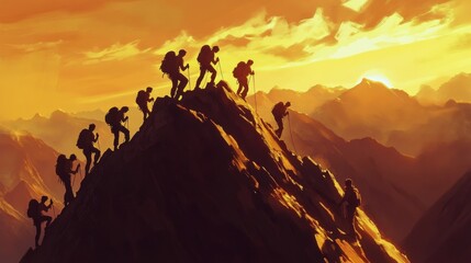 Fototapeta premium Hikers admire a breathtaking sunset over mountains and valleys in a serene landscape