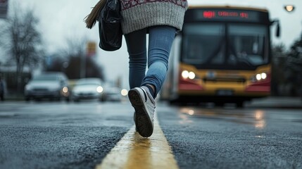 Fototapeta premium Teen girl with a backpack crossing a wet street towards an approaching bus on a rainy, foggy evening.