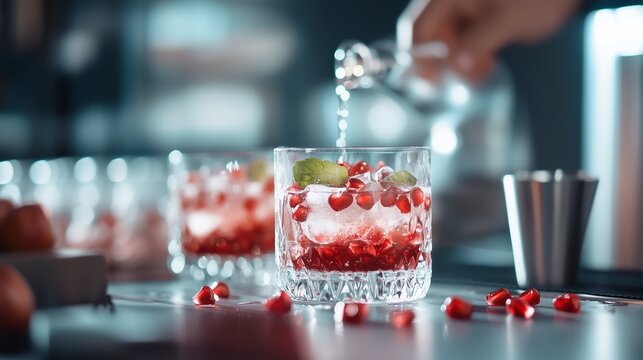 Pomegranate cocktail preparation at a modern bar with creative mixology techniques