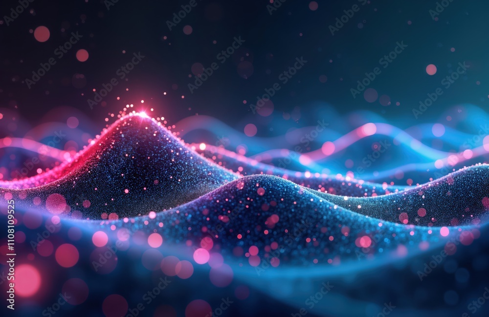 Poster Abstract futuristic background shows data transfer concept. Pink, blue glowing neon wave lines move at high speed. Mountain shaped data streams. Bokeh lights add dynamic motion. Futuristic