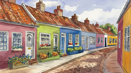 A watercolor drawing of a cobblestone street lined with colorful houses