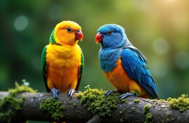Obraz premium Two colorful parrots perch on mossy branch. Vibrant plumage features yellow, blue. Face in jungle setting. Nature highlighted by birds beautiful colors, exotic environment. Image eye-catching with