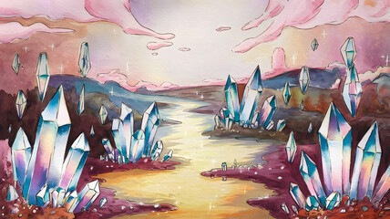 A watercolor drawing of a dreamlike landscape with floating crystals