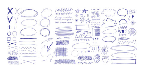 Blue ballpen scribble art collection. Simple scratch squiggle lines set. Hand drawn marks, underline strokes, doodles and arrows. Grunge marker stroke