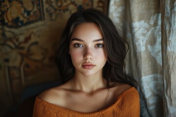 Fototapeta premium Confident Woman with Subtle Makeup after Chin Augmentation in Studio Portrait