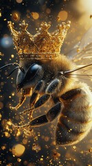 Fototapeta premium Bee wearing a crown surrounded by golden particles in a close up view