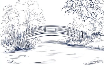 Obraz premium Serene Landscape Featuring An Arched Wooden Bridge Over Water