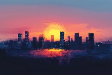 Obraz premium City Skyline Sunset Vibrant Colors Artistic Painting