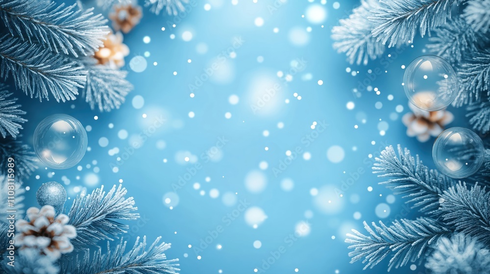 Poster frosted pine branches frame light blue background. transparent bubbles and pine cones are scattered 