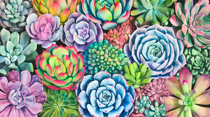 A watercolor drawing of an array of colorful succulents