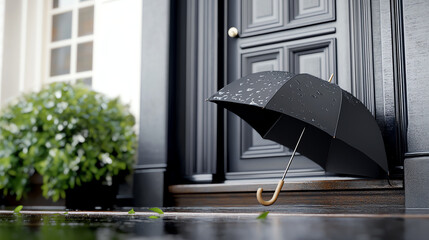 Fototapeta premium Black umbrella standing on the doorstep of the house. 3d rendering