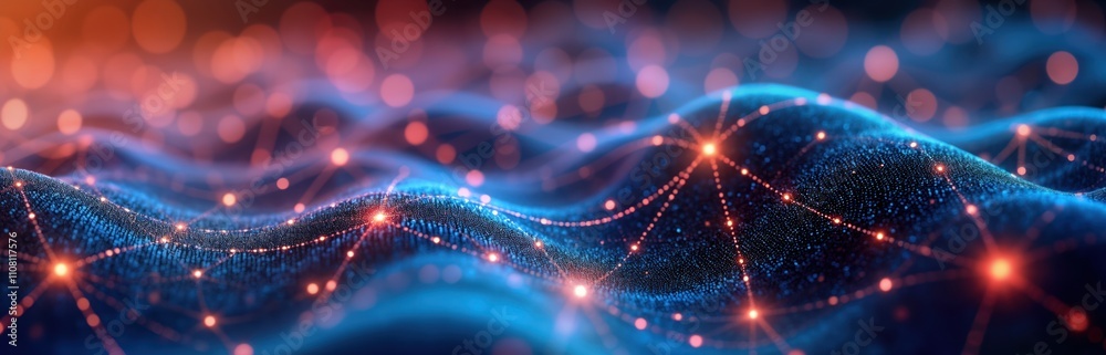 Poster Abstract digital pattern shows quantum computing. Interconnected glowing lines, quantum shapes form vibrant dynamic wave pattern. Neon lights create advanced tech background. Network structure