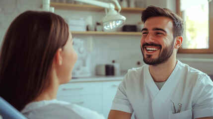 Obraz premium Dental checkup with a smiling dentist and patient in a modern clinic during daylight