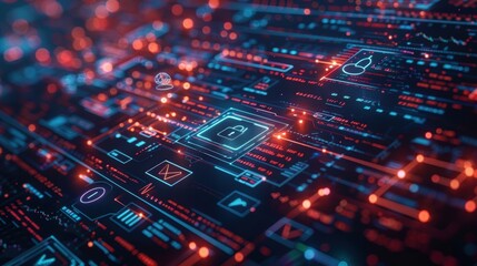 Obraz premium Abstract digital interface with security icons and data visualizations.