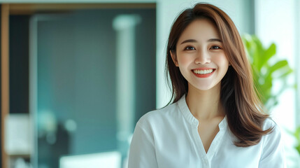 Obraz premium A smiling young woman in a modern office setting during daylight hours