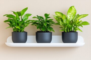 Fototapeta premium Three lush green plants on a white shelf against a beige wall