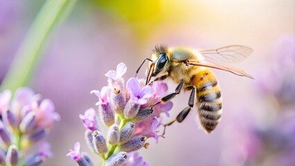 Bee collecting pollen from lavender flower in bright, colorful summer garden
