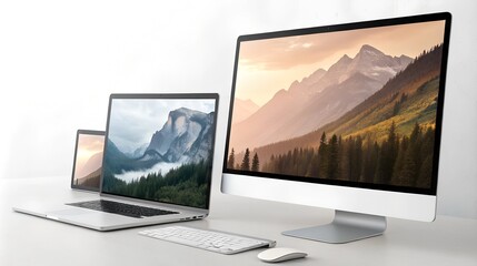 Fototapeta premium Modern workspace with computer and laptop on white desk, minimalist style