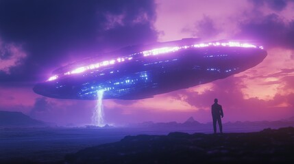 Fototapeta premium Mysterious purple UFO hovers over a distant city during twilight with a solitary figure observing