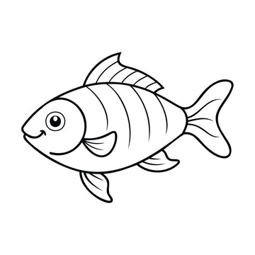 Cute fish illustration in black and white, designed as a simple cartoon style line drawing