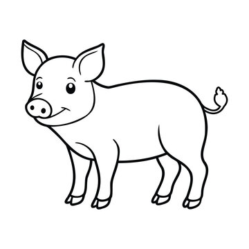 Black and white line drawing of a miniature pig with a cheerful expression, designed in a simple cartoon style