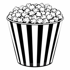 Popcorn overflows striped black and white bucket in simple cartoon style. Classic cinema snack illustration with heaping kernels. Concept: movie theater, entertainment venue, snack bar.
