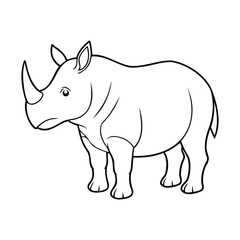 Simple black and white outline of a rhinoceros, showcasing its distinctive horn and sturdy build, drawn in a cartoon style