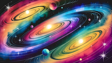 A watercolor drawing of swirling galaxies in vibrant colors