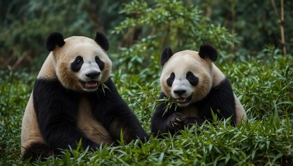 Playful pandas munching bamboo in lush greenery in Sichuan.