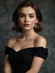 Poised individual in elegant black off-the-shoulder dress.