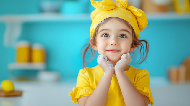 Young girl enjoys a playful moment while baking at home