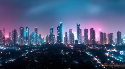 Obraz premium Vibrant night skyline of a modern city featuring a towering skyscraper and illuminated buildings
