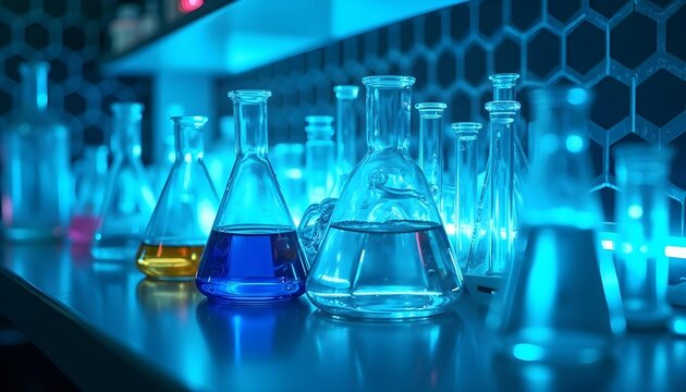 Glass laboratory flask containing blue liquid against a background of intricate hexagonal pattern.