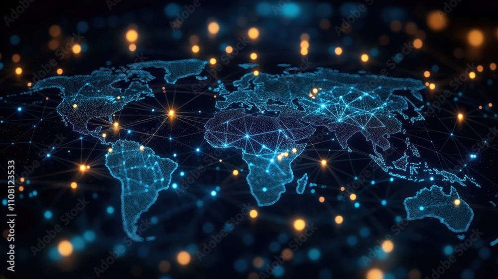 Aufkleber global digital network connects world map. international tech conference discusses digital impact on
