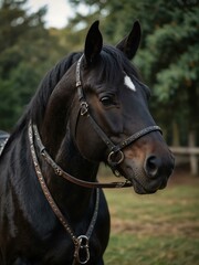 Obraz premium Portrait of a black Breton horse with harness.