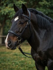 Obraz premium Portrait of a black Breton horse with harness.