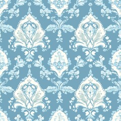 Floral pattern design with blue background and intricate light-colored motifs suitable for various interior decor styles