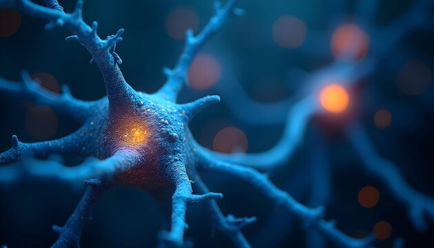 Glowing blue neurons with bright white synapses, neural network and electrical impulses in the brain - Powered by Adobe