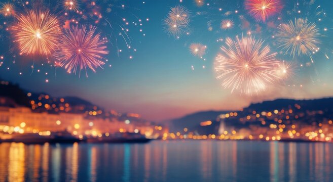 Colorful fireworks illuminate the night sky above a tranquil waterfront cityscape
