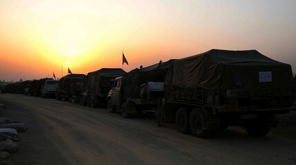 Fototapeta premium Empty aid trucks on a desolate desert road, symbolizing the gap between humanitarian efforts and the harsh realities of crisis zones