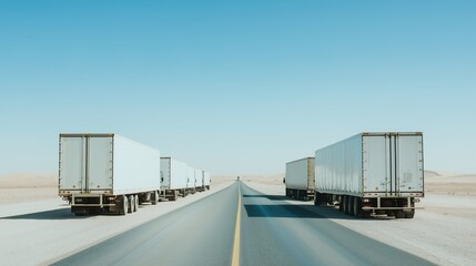 Fototapeta premium Empty aid trucks on a desolate desert road, symbolizing the gap between humanitarian efforts and the harsh realities of crisis zones