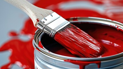 Bright red paintbrush resting in an open can of vivid color at a creative workspace