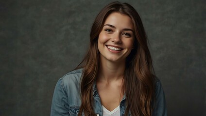 Fototapeta premium Portrait of a woman with long brown hair smiling against a gray backdrop.