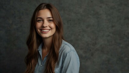 Fototapeta premium Portrait of a woman with long brown hair smiling against a gray backdrop.