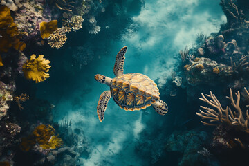 Obraz premium A sea turtle gliding effortlessly through coral reefs teeming with life.
