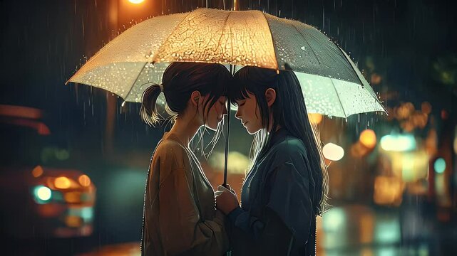 Illustration romantique d'anim&eacute; sous la pluie avec deux femmes sous un parapluie